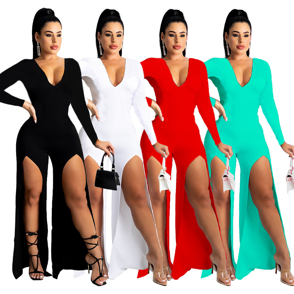 Women's V-neck Solid Color Split Leg Jumpsuit