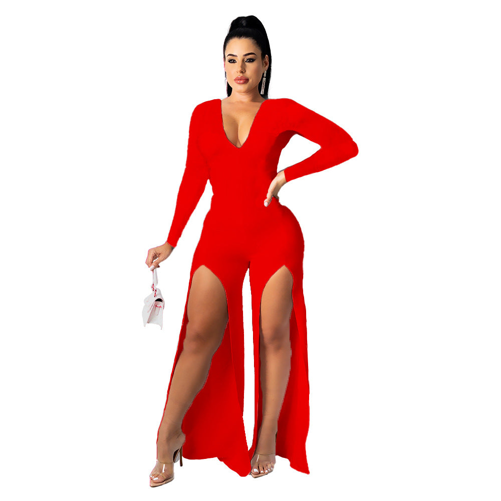 Women's V-neck Solid Color Split Leg Jumpsuit