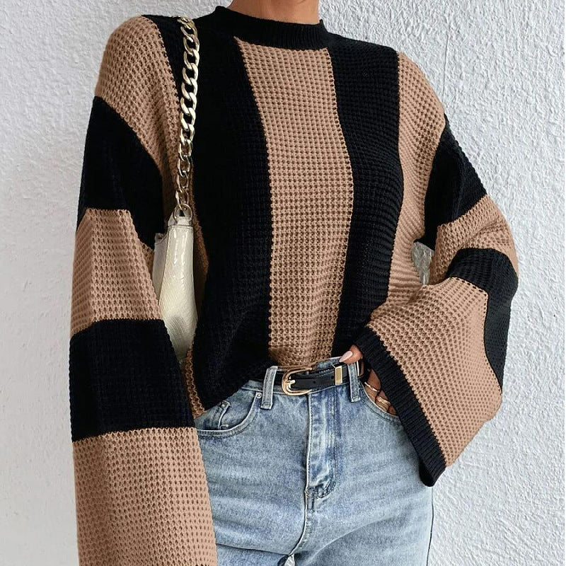 Women's Round Neck Striped Design Niche Knitted Sweater Top